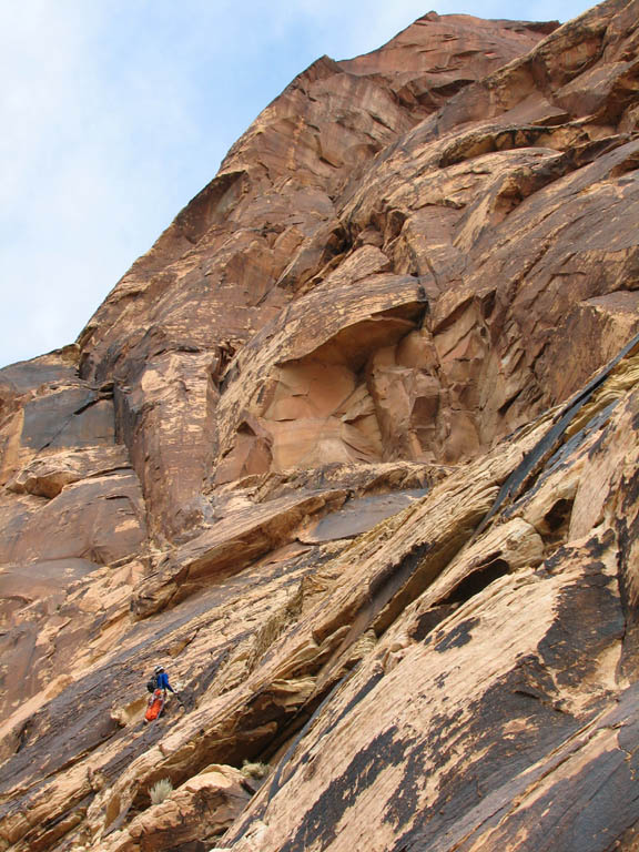 Ryan approaching the upper headwall of Black Orpheus. (Category:  Rock Climbing)