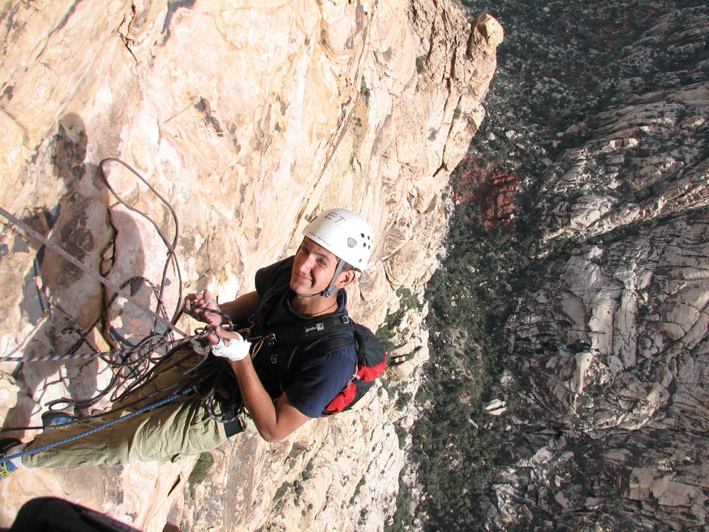 View down into the valley from the start of the 5.9+ pitch. (Category:  Rock Climbing)