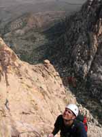 View down into the valley from the start of the 5.9+ pitch. (Category:  Rock Climbing)