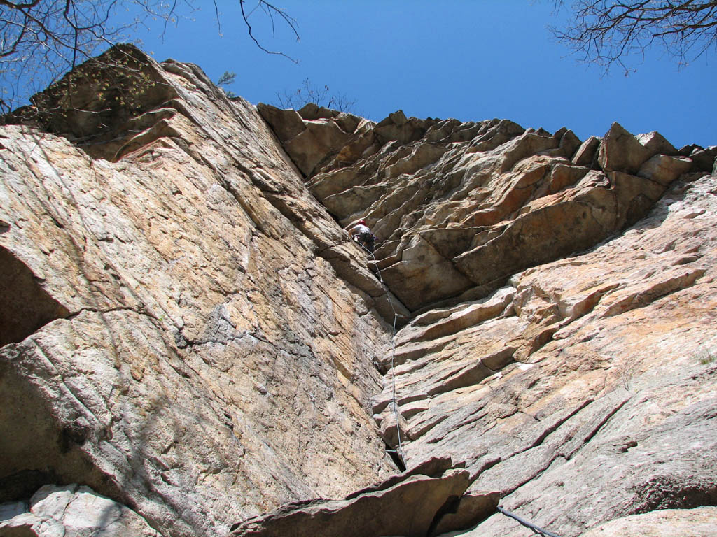 Leading Bonnie's Roof.  Just after pulling the crux. (Category:  Rock Climbing)