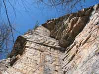 Leading Bonnie's Roof.  Just after pulling the crux. (Category:  Rock Climbing)