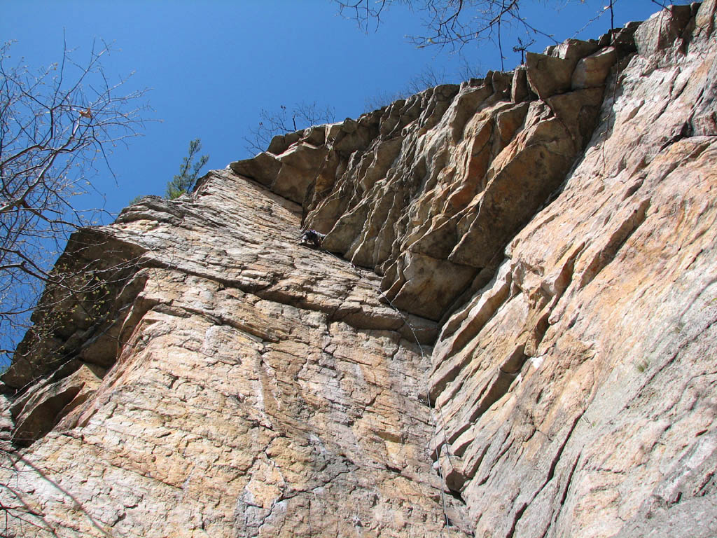 Leading Bonnie's Roof.  Just after pulling the crux. (Category:  Rock Climbing)