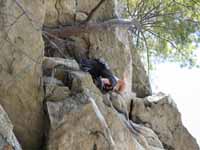 Vijay moving through Modern Times, getting ready to place a cam. (Category:  Rock Climbing)