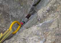 Tipped out yellow alien at the start of P38.  Yikes! (Category:  Rock Climbing)