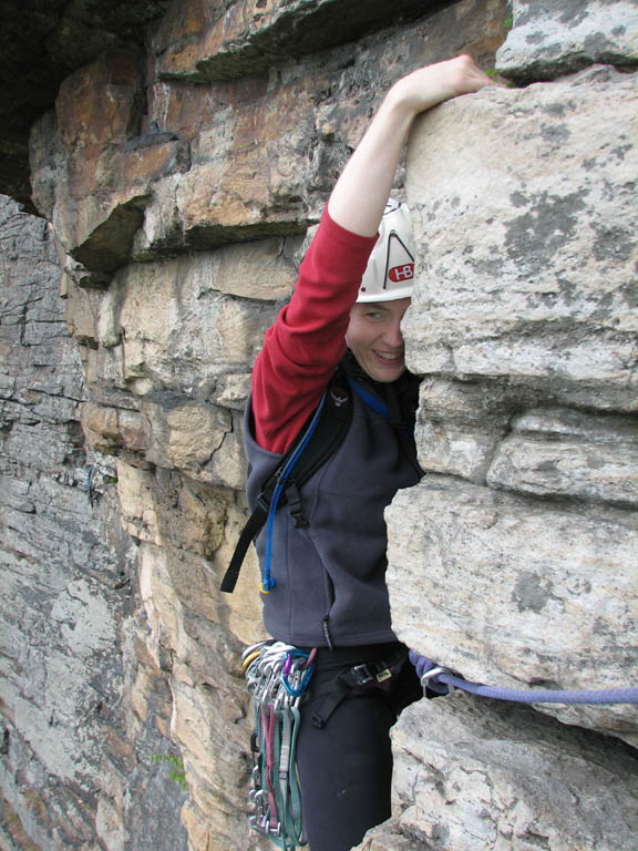 Carla reaching the first belay on Strictly From Nowhere. (Category:  Rock Climbing)