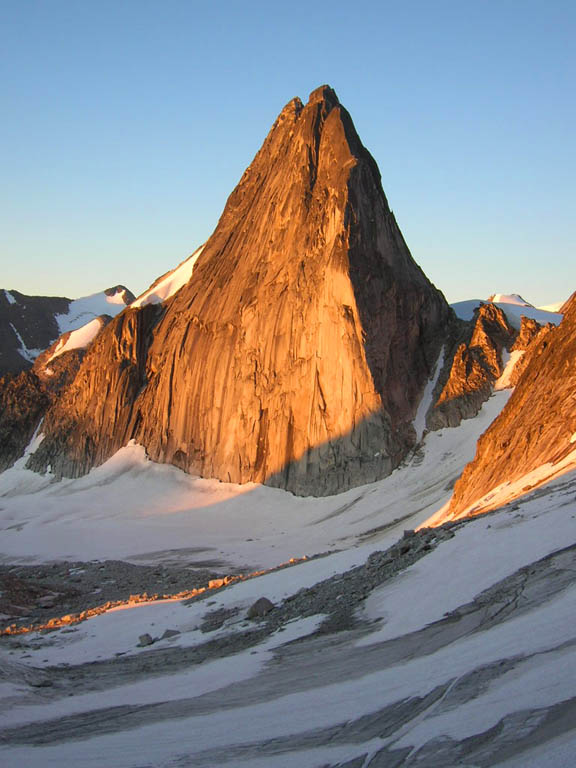 Sun illuminating Snowpatch Spire in the morning. (Category:  Rock Climbing)