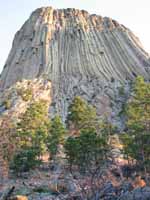 Devil's Tower.  The Durrance route starts at the leaning column which is visible on the lower left third of the tower. (Category:  Rock Climbing)