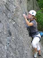 Laura leading Ledger Line. (Category:  Rock Climbing)