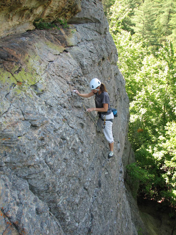 Laura at the anchors on Ledger Line. (Category:  Rock Climbing)
