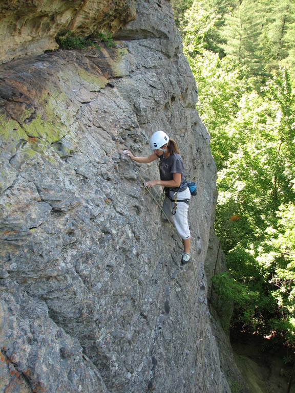 Laura at the anchors on Ledger Line. (Category:  Rock Climbing)