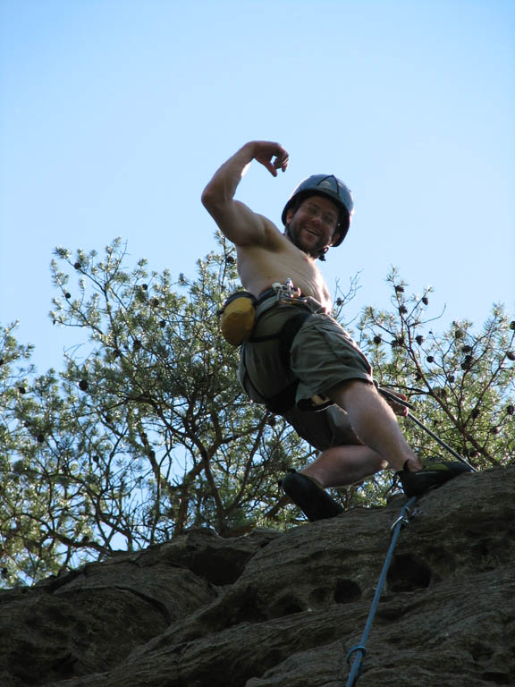 Jesse at the top of You Can Tuna Piano, But You Can't Tuna Fish. (Category:  Rock Climbing)