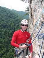 Ryan at the first belay on Castor. (Category:  Rock Climbing)