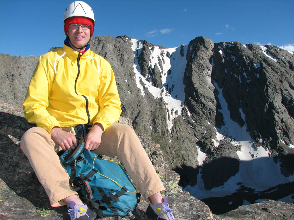 Tom at the summit of Petit Grepon. (Category:  Rock Climbing)