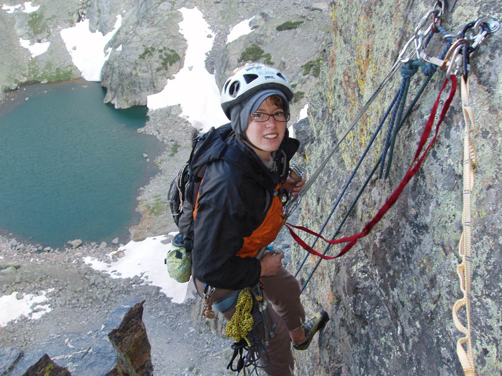 Alana rappelling off Petit Grepon. (Category:  Rock Climbing)