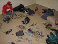Sorting gear in Becky's room. (Category:  Rock Climbing)