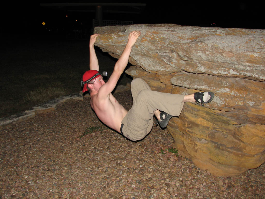 Midnight bouldering at a rest stop in Kansas. (Category:  Rock Climbing)