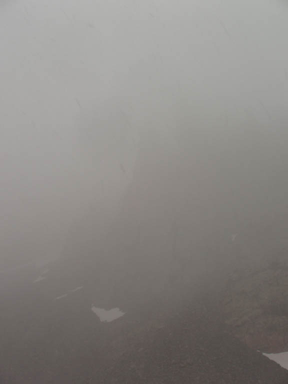 This was our view of Petit Grepon when we arrived.  There was a blizzard in progress.  Needless to say we did not climb. (Category:  Rock Climbing)