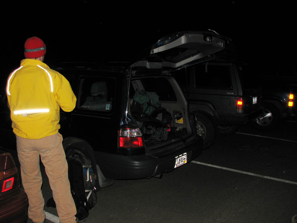 At the trailhead long before dawn. (Category:  Rock Climbing)