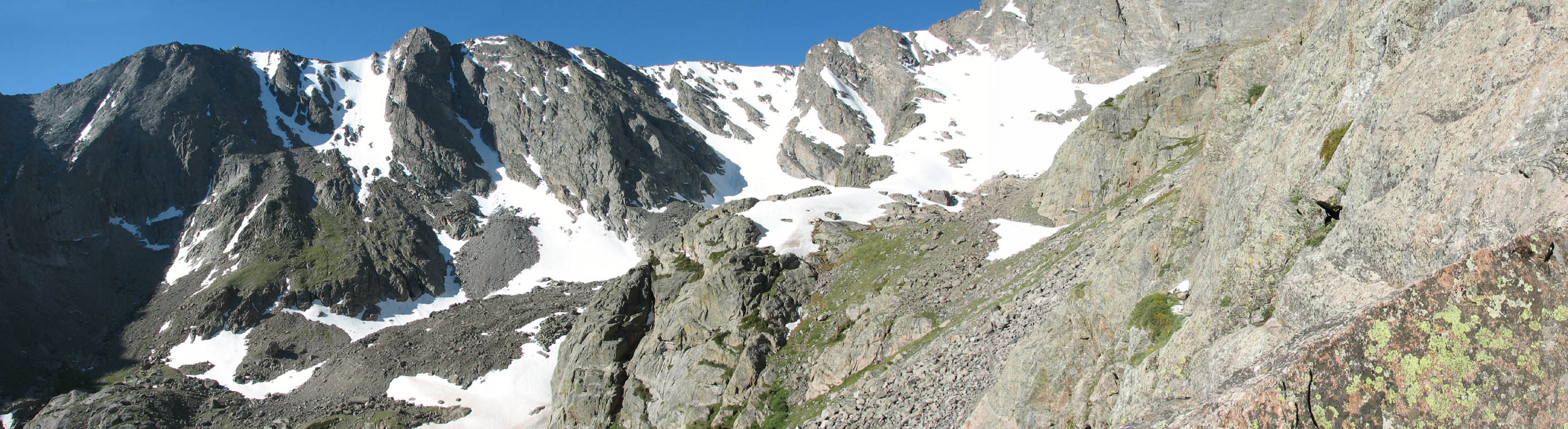 Panorama of the view from Petit Grepon.  Taylor glacier and Taylor peak are on the left. (Category:  Rock Climbing)