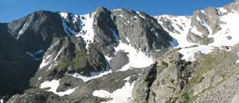 Panorama of the view from Petit Grepon.  Taylor glacier and Taylor peak are on the left. (Category:  Rock Climbing)