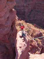 Ryan at the third belay as seen from the top of Ancient Art. (Category:  Rock Climbing)