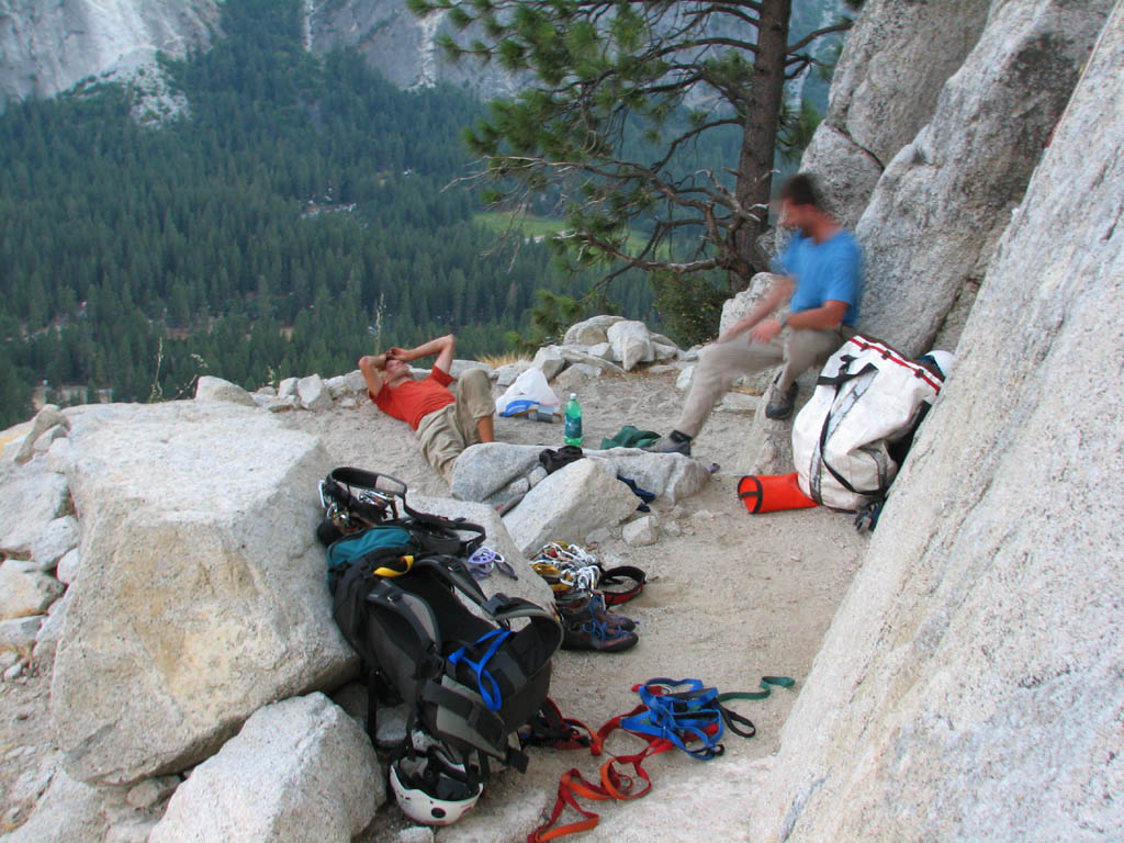 Reid and Mike on Dinner Ledge at the top of the third pitch on the South Face of Washington Column. (Category:  Rock Climbing)