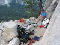 Reid and Mike on Dinner Ledge at the top of the third pitch on the South Face of Washington Column. (Category:  Rock Climbing)