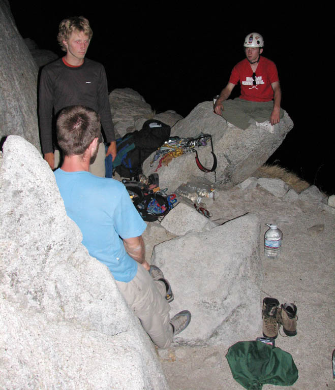 Mike, Reid and Ryan on Dinner Ledge at the top of the third pitch on the South Face of Washington Column. (Category:  Rock Climbing)