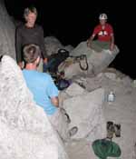 Mike, Reid and Ryan on Dinner Ledge at the top of the third pitch on the South Face of Washington Column. (Category:  Rock Climbing)