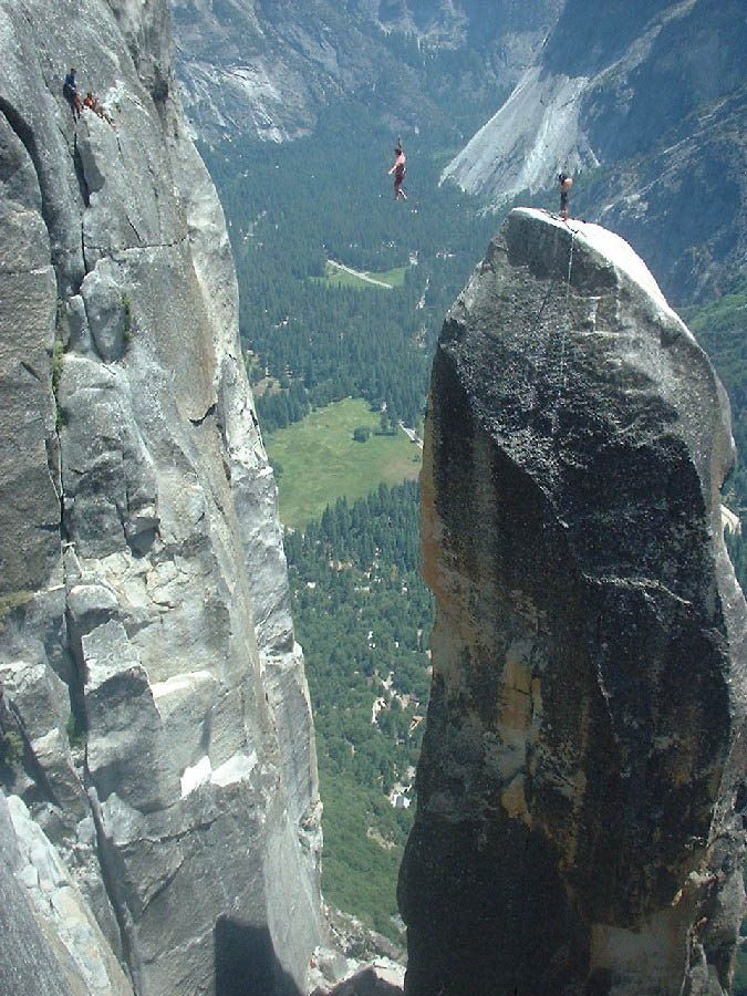 Damian slacklining Lost Arrow Spire.  I wasn't there, but got this photo off the web. (Category:  Rock Climbing)