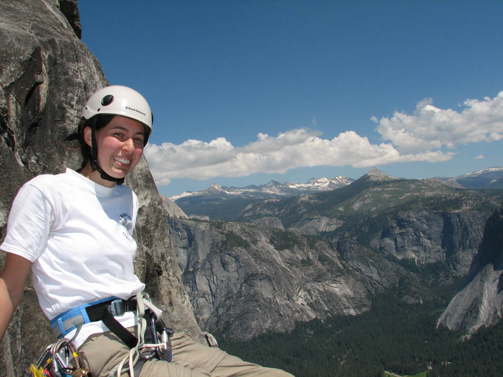 Jess at the top of Lost Arrow Spire. (Category:  Rock Climbing)