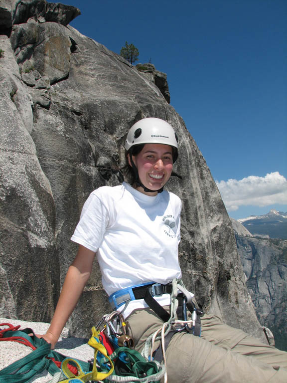 Jess at the top of Lost Arrow Spire. (Category:  Rock Climbing)