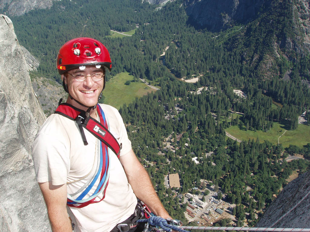 About to start the tyrolean back to the main cliff. (Category:  Rock Climbing)