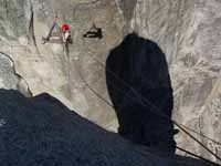 On the tyrolean from Lost Arrow Spire to the north rim. (Category:  Rock Climbing)