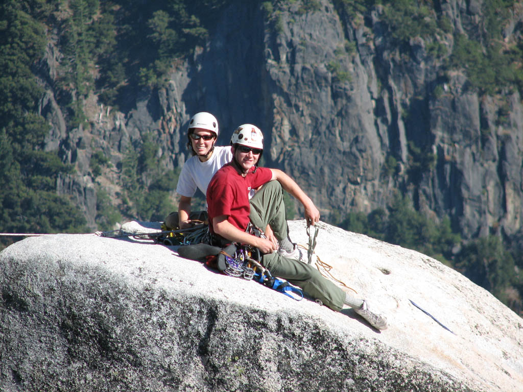 Jess and Ryan on top of Lost Arrow Spire. (Category:  Rock Climbing)
