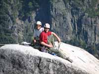 Jess and Ryan on top of Lost Arrow Spire. (Category:  Rock Climbing)