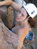 Bridgette leading Float Like A Butterfly. (Category:  Rock Climbing)