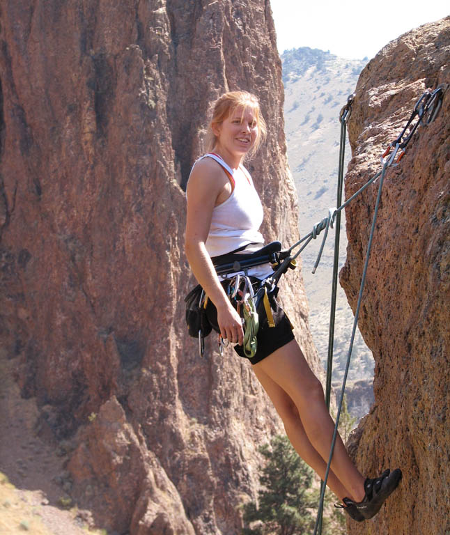 Caroline at the top of Rope De Dope block. (Category:  Rock Climbing)