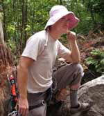 I am the height of fashion in Bridgette's pink hat and my shredded climbing pants. (Category:  Rock Climbing)