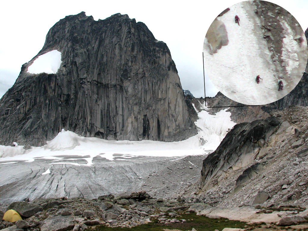 Snowpatch and the Bugaboo-Snowpatch col.  Snowpatch is about 2500' tall. (Category:  Rock Climbing)