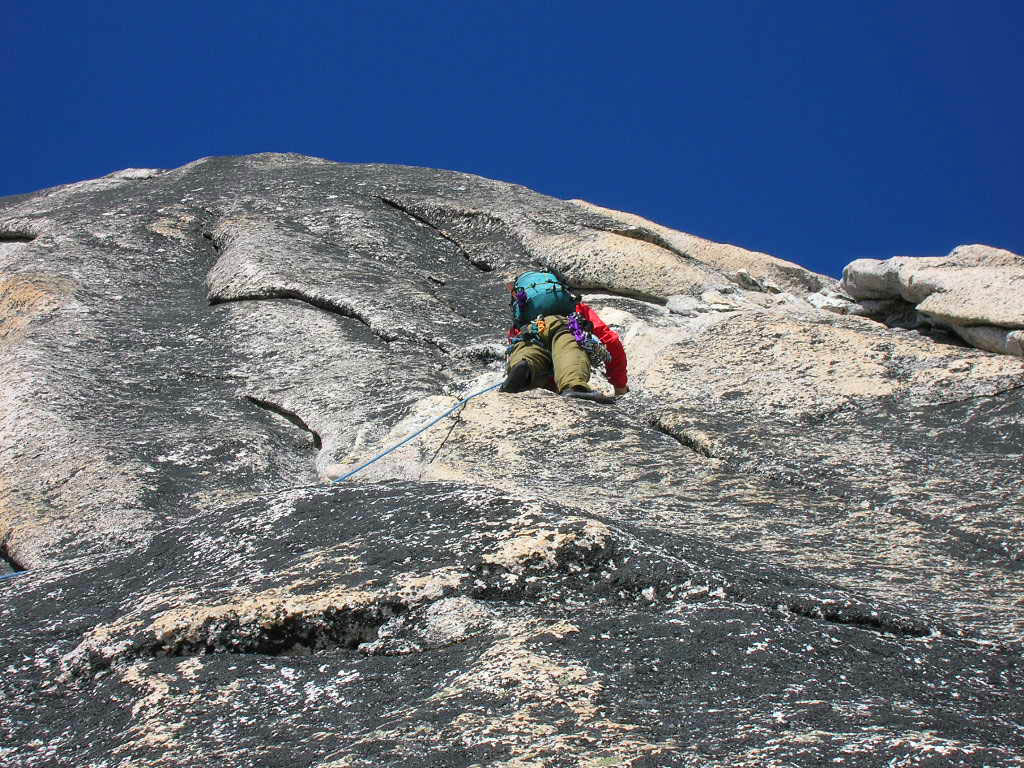 Leading the NE Ridge of Bugaboo Spire.  I think this is the third pitch. (Category:  Rock Climbing)