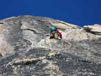 Leading the NE Ridge of Bugaboo Spire.  I think this is the third pitch. (Category:  Rock Climbing)