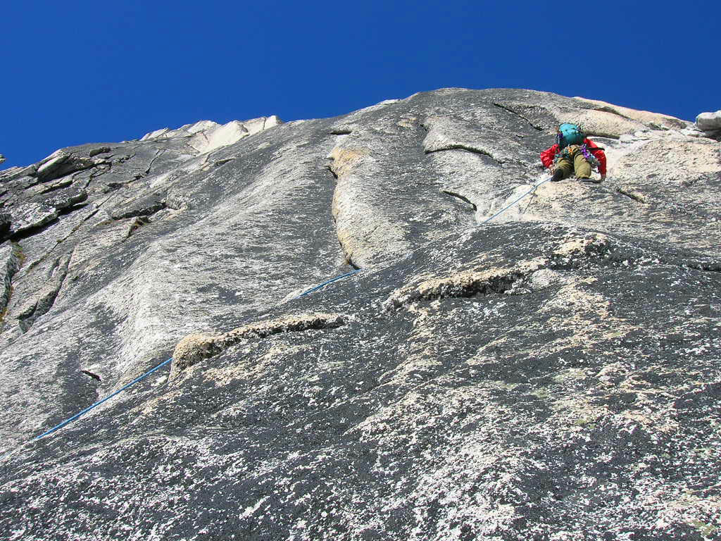 Leading the NE Ridge of Bugaboo Spire.  I think this is the third pitch. (Category:  Rock Climbing)