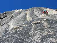 Leading the NE Ridge of Bugaboo Spire.  I think this is the third pitch. (Category:  Rock Climbing)