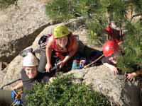 Kyle, Jessica and Melissa at the first belay of the Durrance route. (Category:  Rock Climbing)