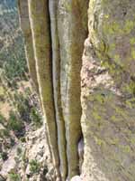 The vertical chimneys of Devil's Tower.  The tower is the hardened cone of an old volcano which has since eroded away. (Category:  Rock Climbing)