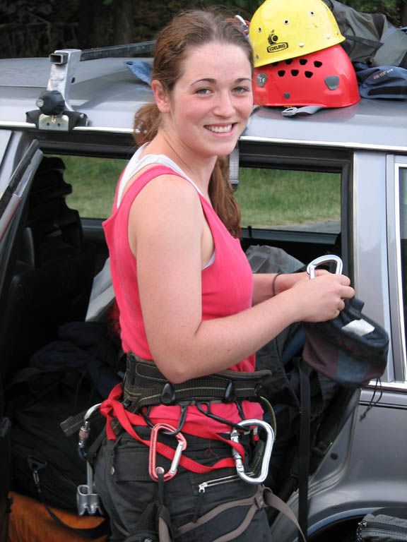 Jessica gearing up for the climb. (Category:  Rock Climbing)