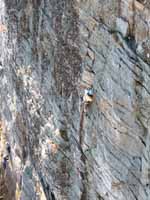 Aramy leading the first pitch of Modern Times. (Category:  Rock Climbing)