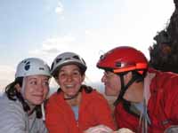 Sarah, Danica and me getting a bit goofy on the High E belay ledge. (Category:  Rock Climbing)