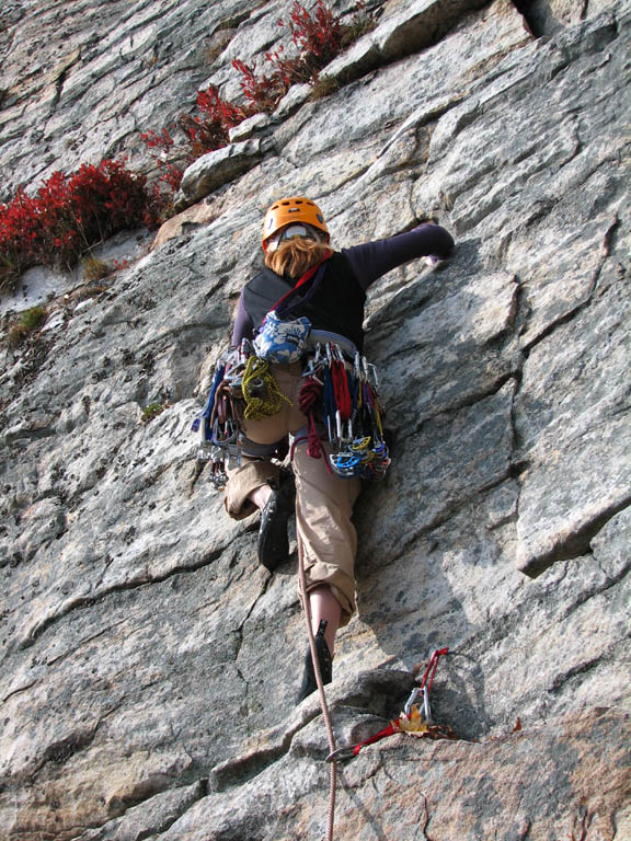 Kristin leading the fun third pitch of RMC. (Category:  Rock Climbing)